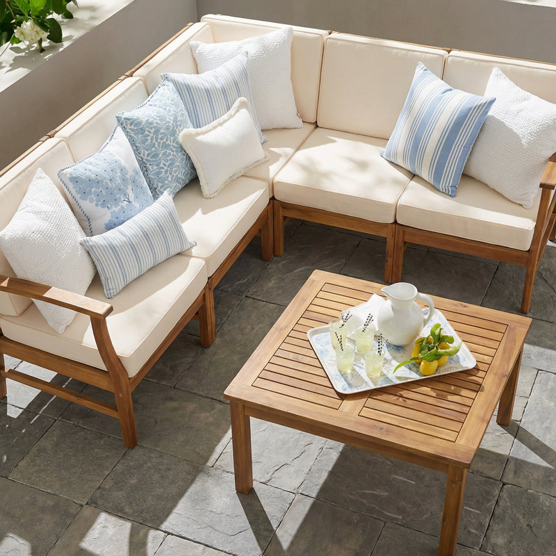 Allieana Modern Acacia Wood 6-Piece Outdoor Sectional Seating Group with Water-Repellent Cushions and Modular Latch Design