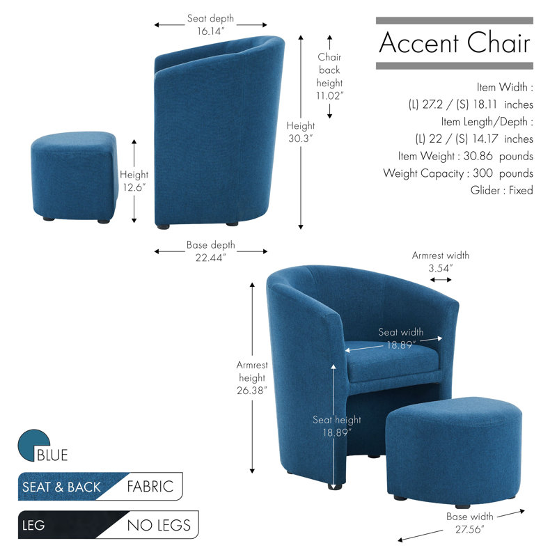 Fauteuil d'appoint rembourré en tissu avec repose-pieds Adela, Mélange de polyester bleu