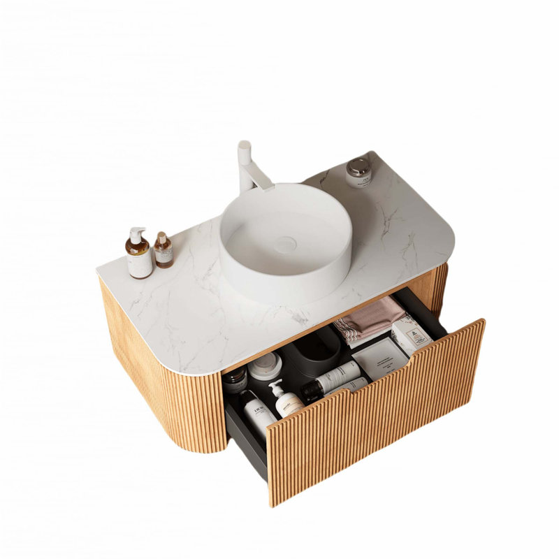 Meuble-lavabo mural flottant avec lavabo (sans robinet), Bois naturel, 36"