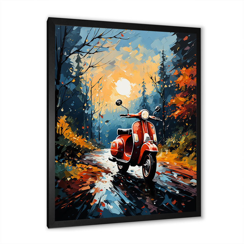 «Riding Scooter In The Country Autumn», reproduction sur toile, H 20 po x l 12 po x P 1 po, Cadre simple noir