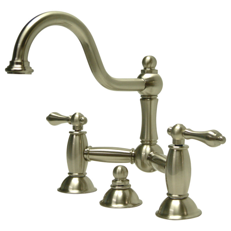 Kingston Brass Restoration Two-Handle 3-Hole Deck Mount Bridge Bathroom Faucet with Brass Pop-Up, Satin Nickel