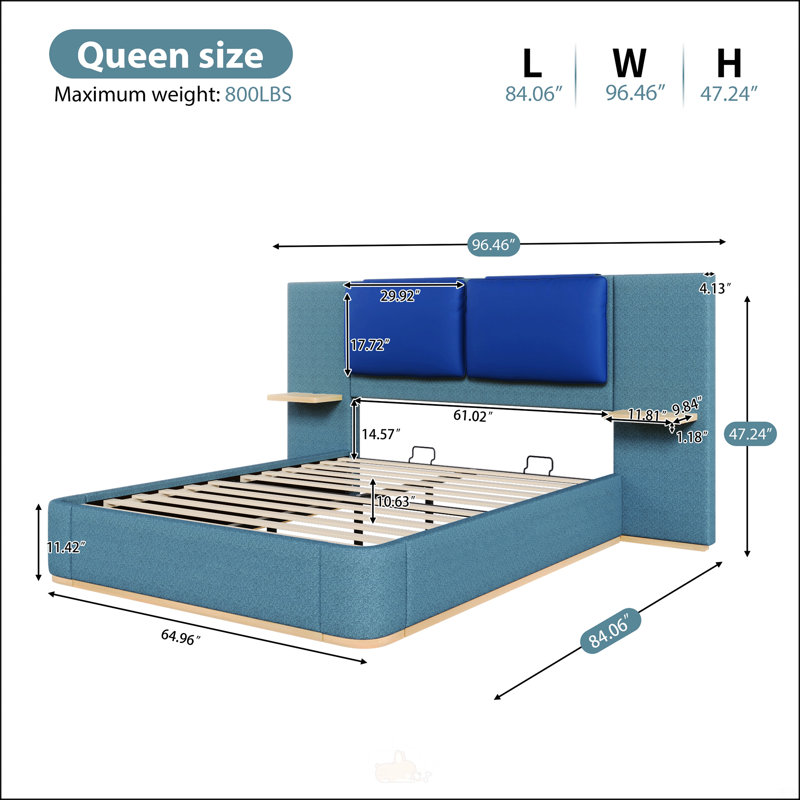 Grand lit plateforme tapissier avec panneau, Bleu, Grand lit