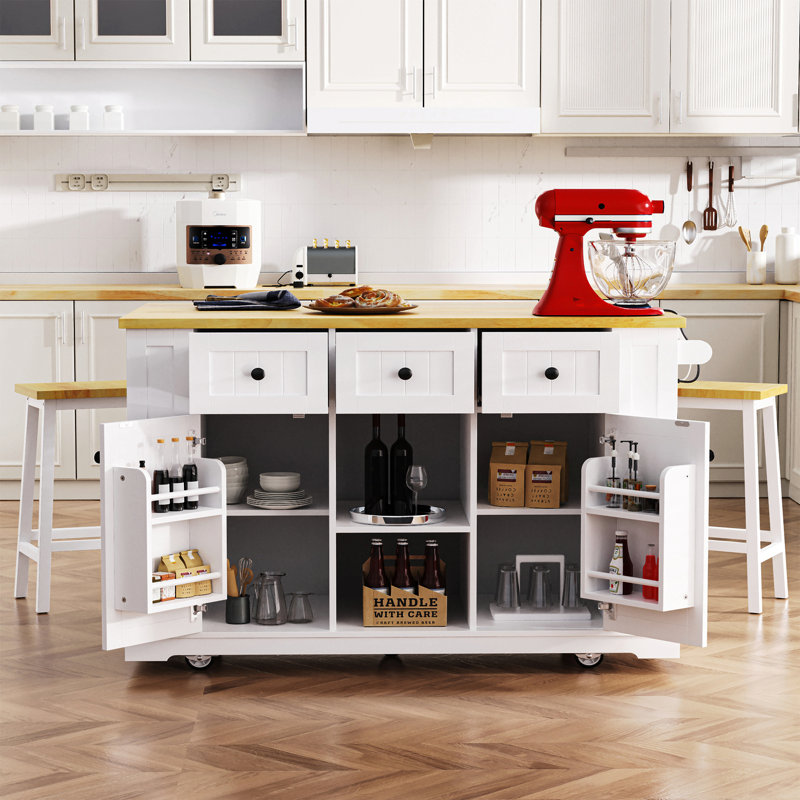 53Inch Large Kitchen Island With Drop Leaf, Power Outlet, Door Internal Storage Rack, Rolling Kitchen Cart On 5 Wheels With 5 Open Side Racks For Kitchen, Dining Room,White(Not Include Bar Stools)