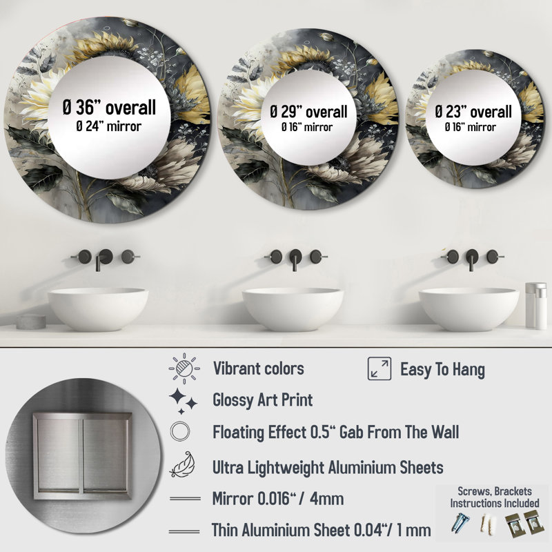 Tournesol blanc Stoil - miroir tournesol, miroir mural rond traditionnel, impression sur métal, 29 po x 29 po