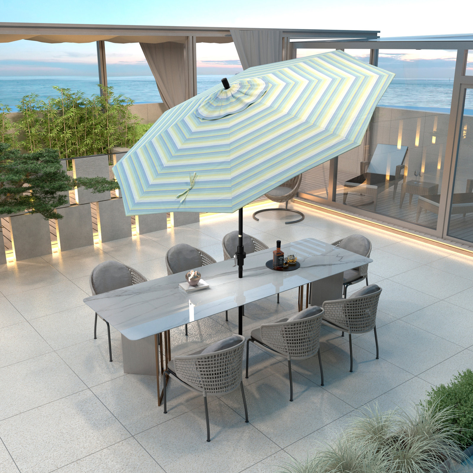 Garita 108'' Market Sunbrella® Umbrella, Seville Seaside Stripe Sunbrella®, Stone Black