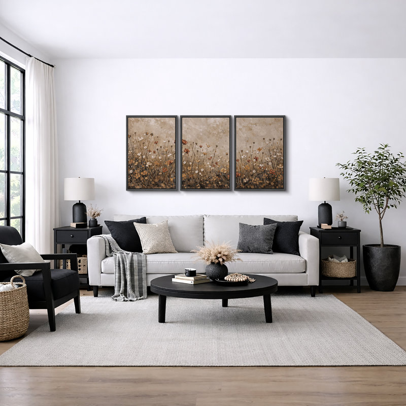 Autumn Wildflower Meadow Artwork, Living Room Pictures, Framed Canvas Giclee Print Wall Art, 36" H x 72" W