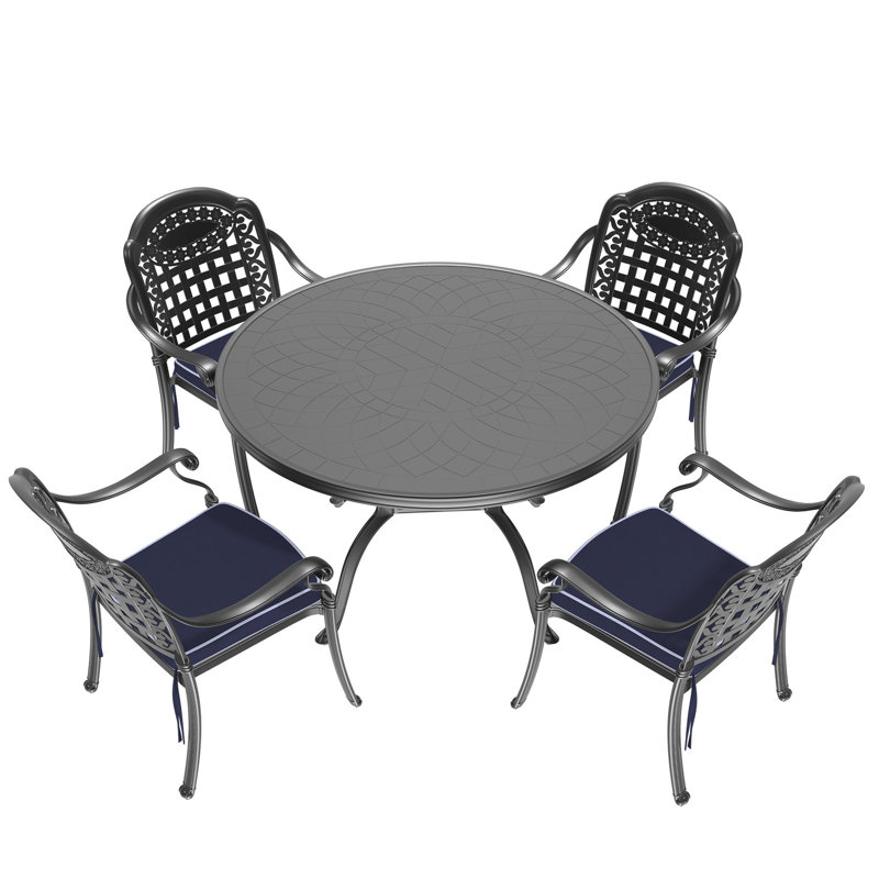 Chaises et table de patio noires en fonte d'aluminium, coussins rembourrés et confortables