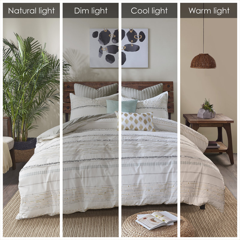 Full Off-White and Gray Cotton Comforter Set with Trims
