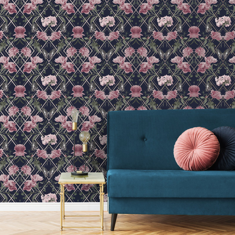 Azhanae Floral Metallic Wallpaper Double Roll, Navy/Pink
