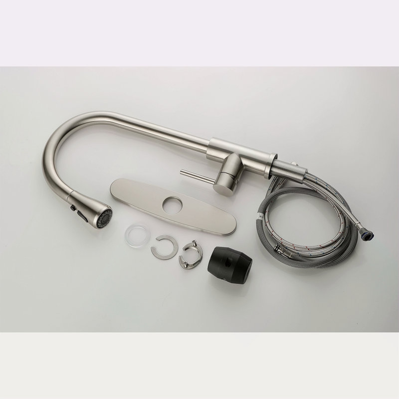 Robinet d'évier de cuisine à poignée simple avec douchette extractible, Nickel brossé