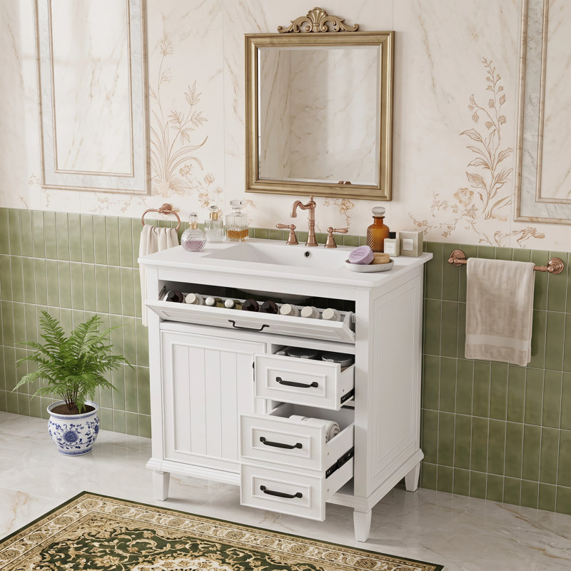 Meuble-lavabo simple autoportant de 30 po avec comptoir en céramique, structure en bois massif et armoire en pin, tiroirs rabattables, tablette réglable, quincaillerie en alliage de zinc