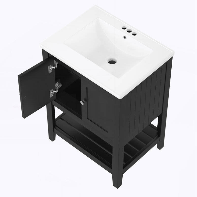Lavabo de salle de bain moderne 24 po avec cadre en bois massif, Black, 7" Centerset