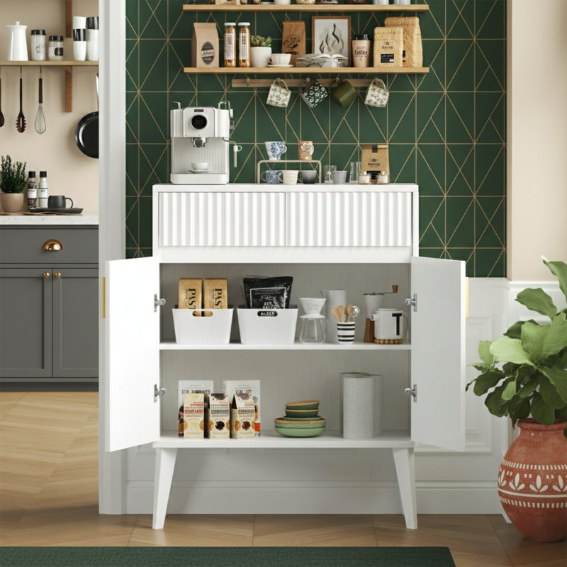 27.6" Wide Fluted Sideboard Cabinet With 2 Drawers And Adjustable Shelves - Black, White