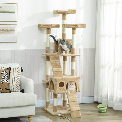 Arbre à chat 68 pouces, grande tour à chat multi-niveaux, brun clair