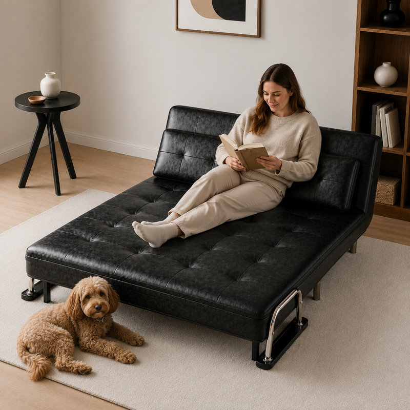 2 Seater Faux Leather Sofa Bed, Black Sofa Bed