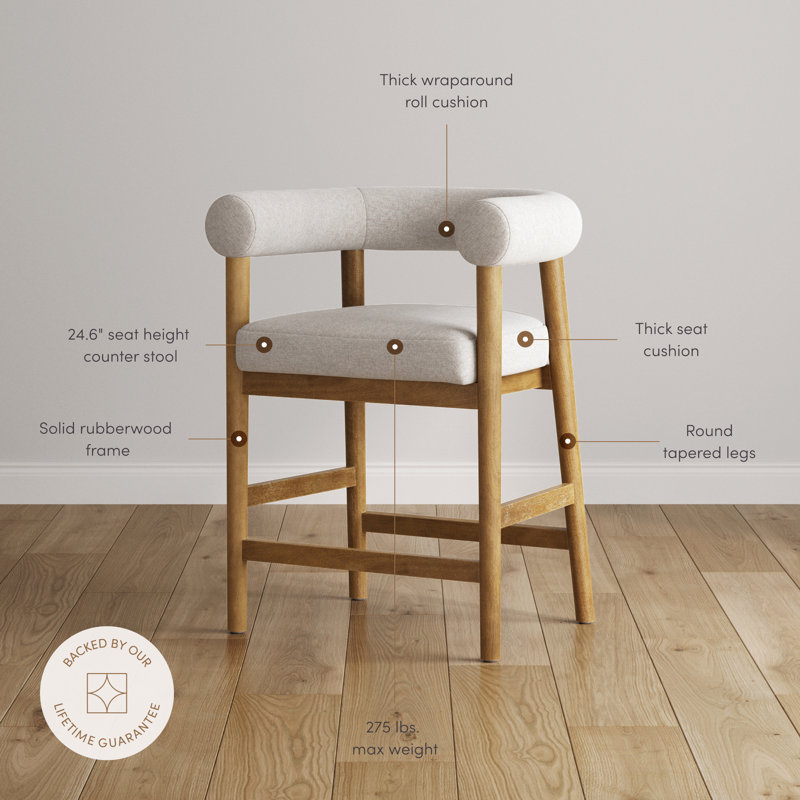 Barrel Back Bar Stool with Solid Wood Legs and Curved Back, 1