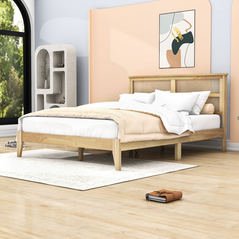 Queen Wood Bed with Rattan Headboard