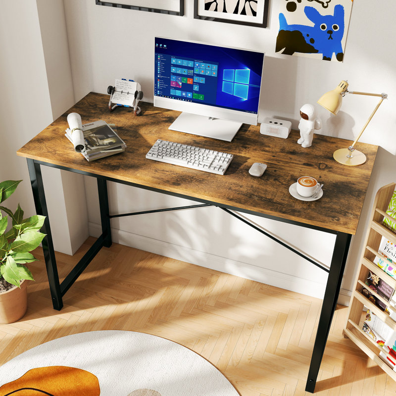 44 Inch Metal Base Writing Desk, Brown, 29.69" H x 44" W x 19.69" D