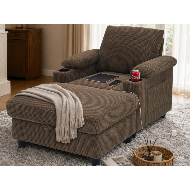 Chaise longue rembourrée avec dossier réglable et rangement dissimulé, Coffee