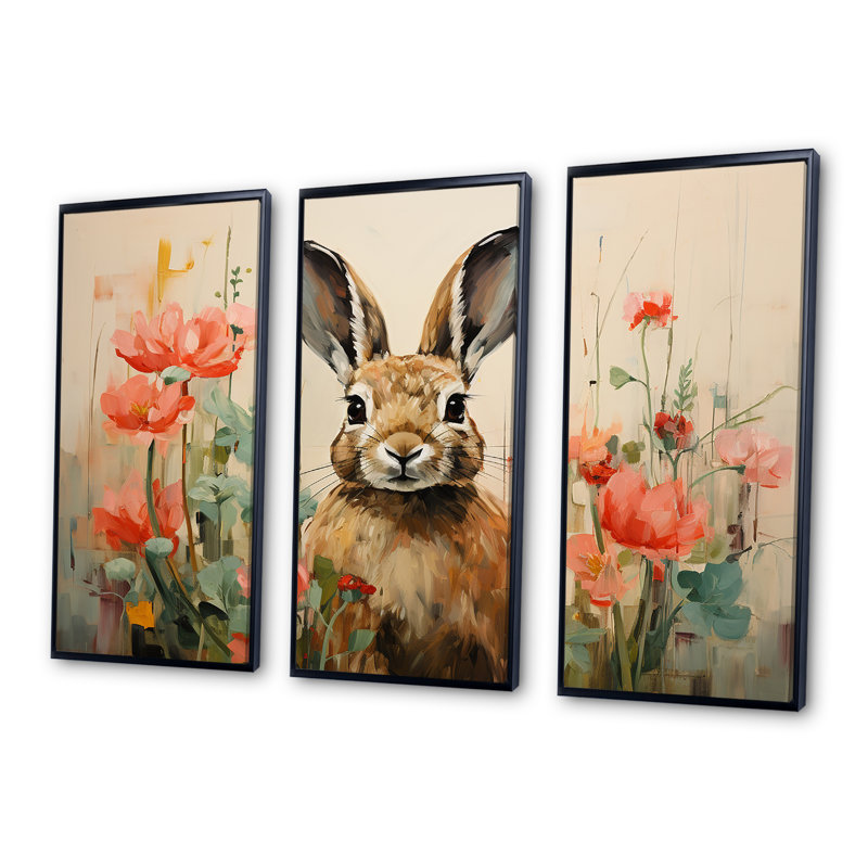 Curious Floral Rabbit Meadow I - Lapin, art mural animal, Cadre flottant noir, H 28 po x l 36 po