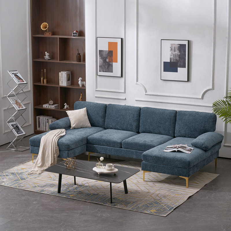 Trego Upholstered U-Shaped Sectional Symmetrical, Gray Blue Chenille