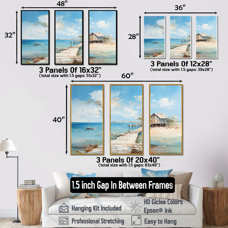 «Coastal Pier Minimalisme Charm» - ensemble de reproduction d'art mural, Cadre naturel flottant, H 32 po x l 48 po x P 1 po