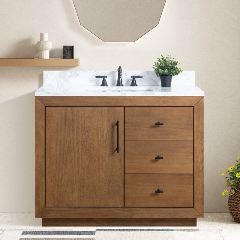 Ensemble de meuble-lavabo simple 42 po, Arabescato blanc, Brun clair