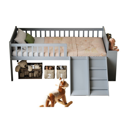 Twin Bed Frame With Storage Shelf, Platform Guardrails, Gray Wooden Slide And , No Box Spring, Easy To Assemble Size Frame, 85.4 Inches Long