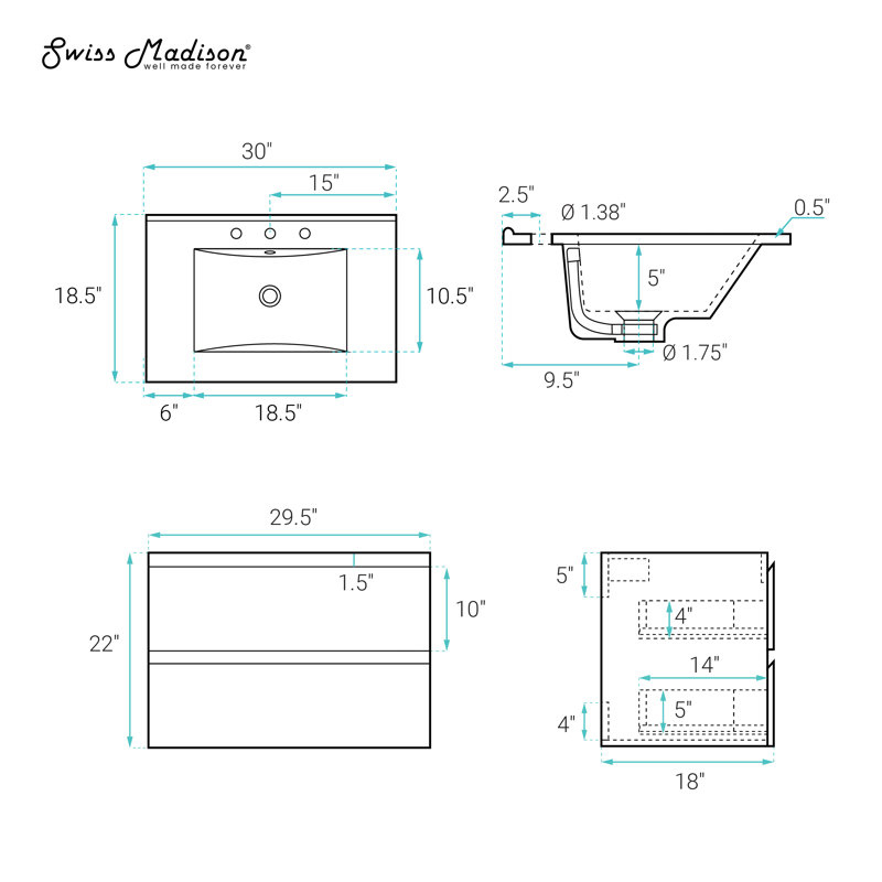 Meuble-lavabo mural 30 po avec dessus de lavabo B3, Chêne naturel