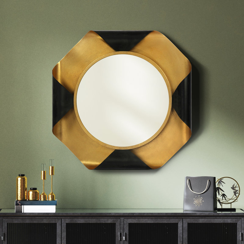 Miroir mural rond sur cadre octogonal en feuille d'or avec cadre en métal enroulé