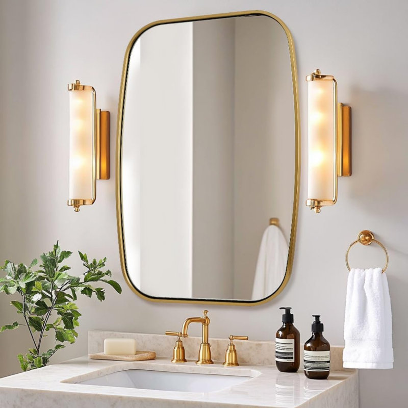 Miroir de salle de bain contemporain | Cadre épais en acier inoxydable, 32 po x 24 po, Or brossé
