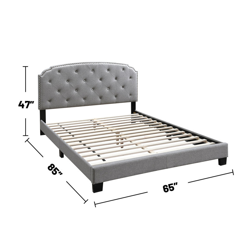 Lit plateforme tapissier en bois massif, Grand, Gris pale
