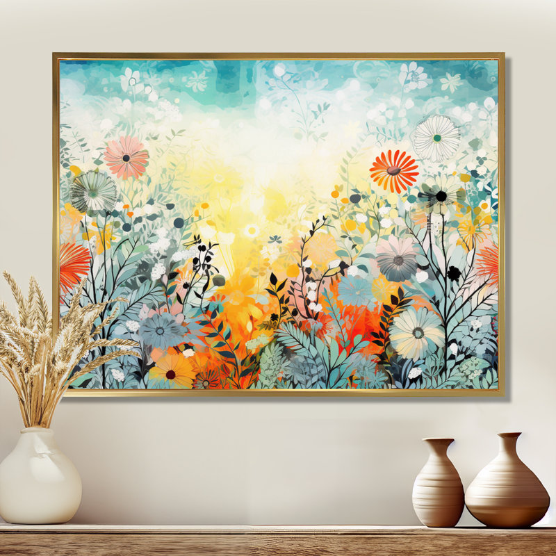 Art mural rétro avec fleurs printanières vibrantes - fleurs sauvages, Toile avec cadre flottant or