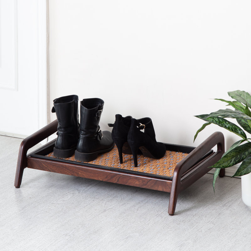 Premium Solid Wood Boot Tray Stand with Natural Coir Mat - Entryway & Mudroom Shoe Organizer, Dark Brown, Tier 1
