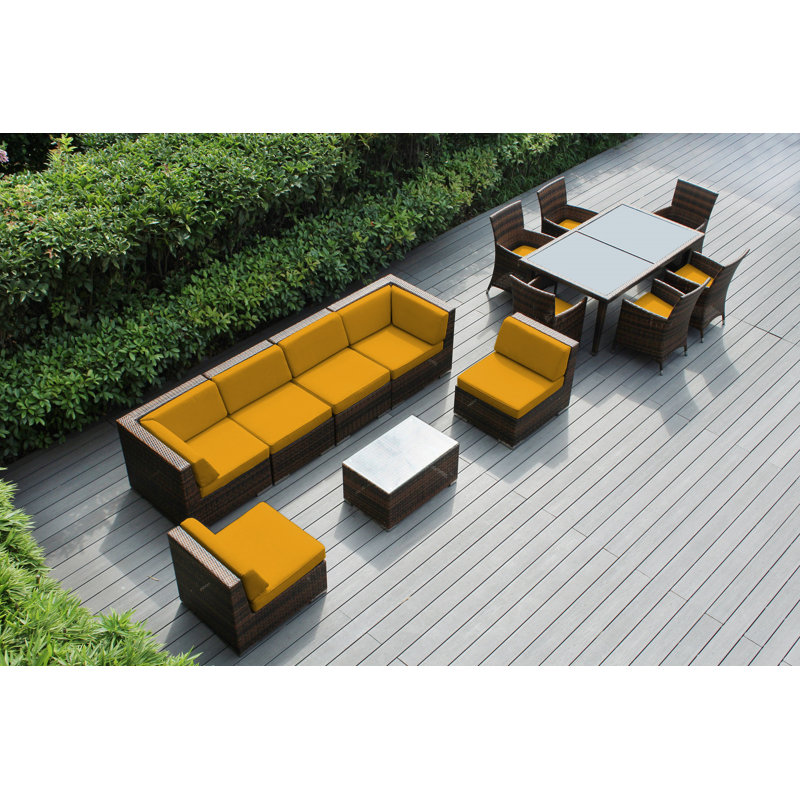 Ensemble de patio complet en rotin avec coussins 14 pièces Pavior, Mélange de bruns, Toile Sunbrella® jaune tournesol
