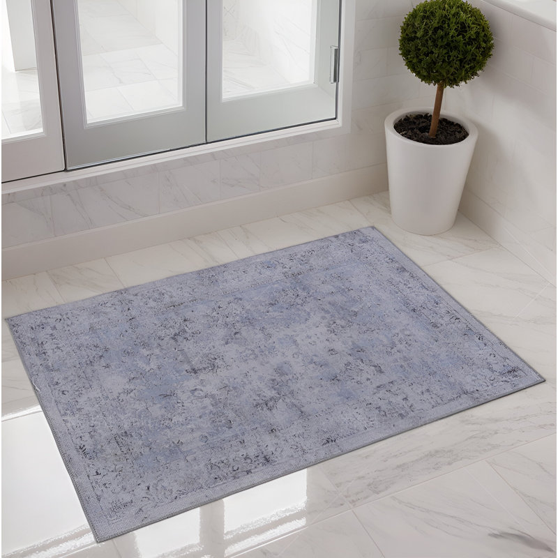 Marfi Collection Blue / Ivory Bordered Doormat Rug, Rectangle 2' x 3'