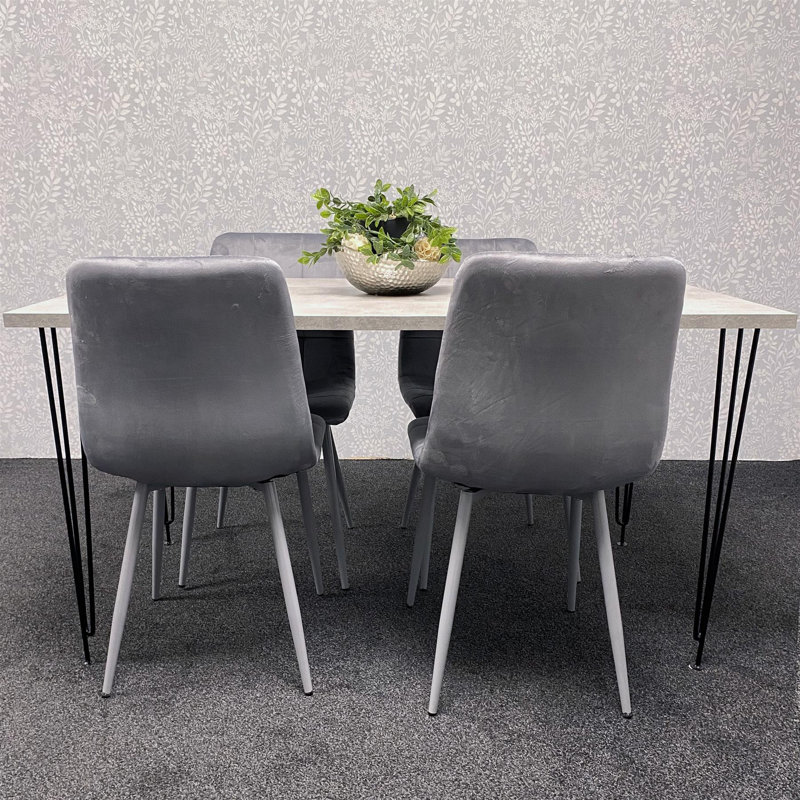 Dining Table with Hairpin Legs & 4 Velvet Chairs Set for Kitchen & Dining Room, 75cmH x 117cmL x 77cmW, Grey 