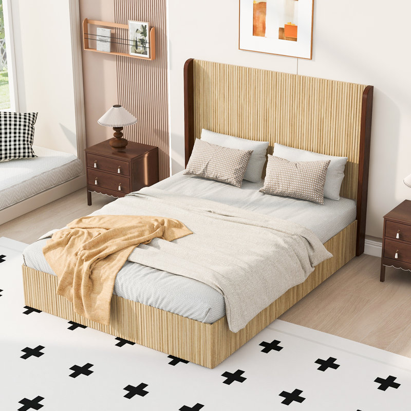 Structure de lit en bois rayé pour grand lit avec tête de lit, Grand