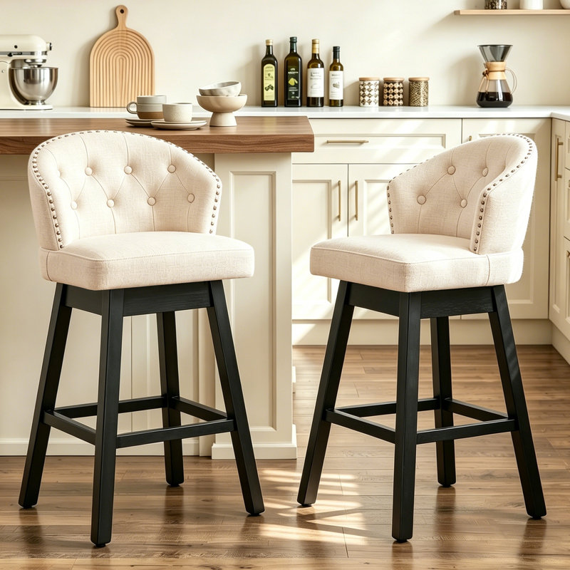 Aadhvika Upholstered BarStools with Solid Wood Frame, Beige/Linen, Bar Stool (28" Seat Height)