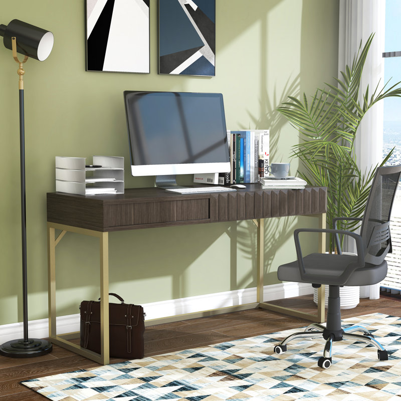 Livengood 56.75"W Metal Base Writing Desk, Walnut/Gold
