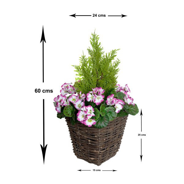 2x Artificial Rattan Patio Planters with Geraniums and Cedar Topiary, Purple