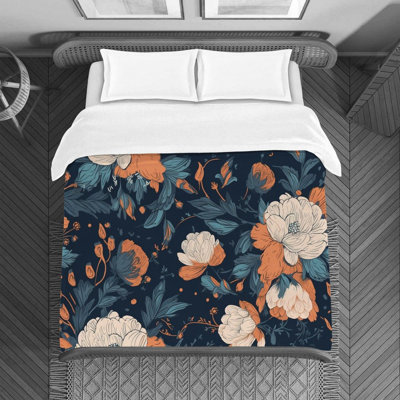 Botanical Navy/Orange Microfiber Duvet Cover
