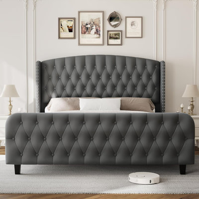 Base de lit de 51 po de hauteur avec tête et pied de lit capitonnés à oreilles
