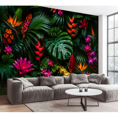 Wall Mural Peel and Stick Wallpaper Vibrant Tropical Floral Green Leaves Exotic Flowers Self-Adhesive Removable Contact Paper Wall Decor for Living Room Bedroom 100"H x 144"W