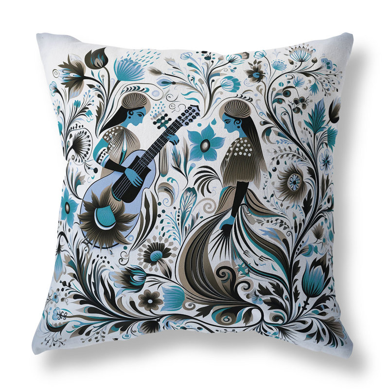 Coussin décoratif Musical Farry, H 26 po x l 26 po, Bleu / blanc / olive