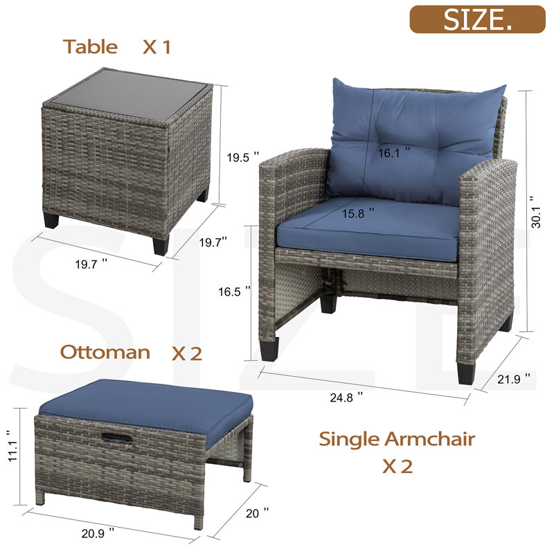 Chaise longue en rotin avec coussins 5 pièces Maddox, Bleu, Gris