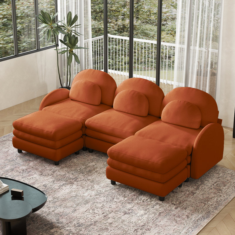 Canapé modulaire en U avec 2 repose-pieds, canapé double à 3 places, dossier incurvé et accoudoir, Orange moelleux