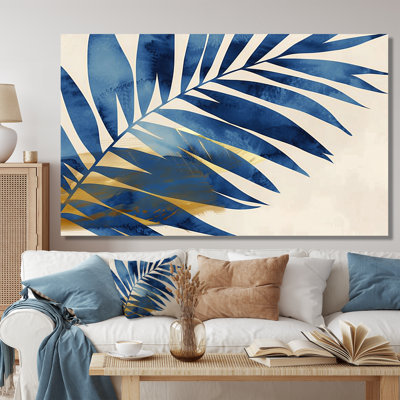 Bleu et or feuilles de palmier II - palmiers et palmiers, art mural du salon