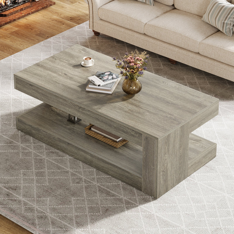 47.24'' Rectangular Coffee Table For Living Room, Farmhouse 2-tier Accent Center Tea Cocktail Table With Storage, Gray