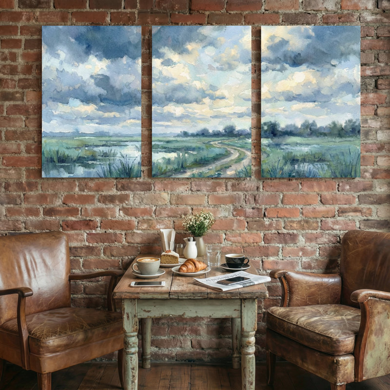 Plantes et fleurs, aquarelle, paysage, ciel, nuages, chemin, marais, herbe, ensemble de 3 impressions sur toile
